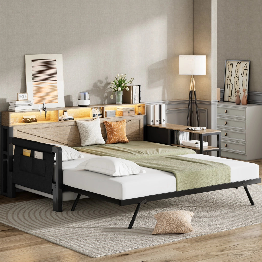 Divano letto in metallo 90x200 nero, letto estraibile regolabile, letto con 3 cassetti, LED e USB