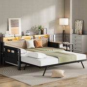 Divano letto in metallo 90x200 nero, letto estraibile regolabile, letto con 3 cassetti, LED e USB