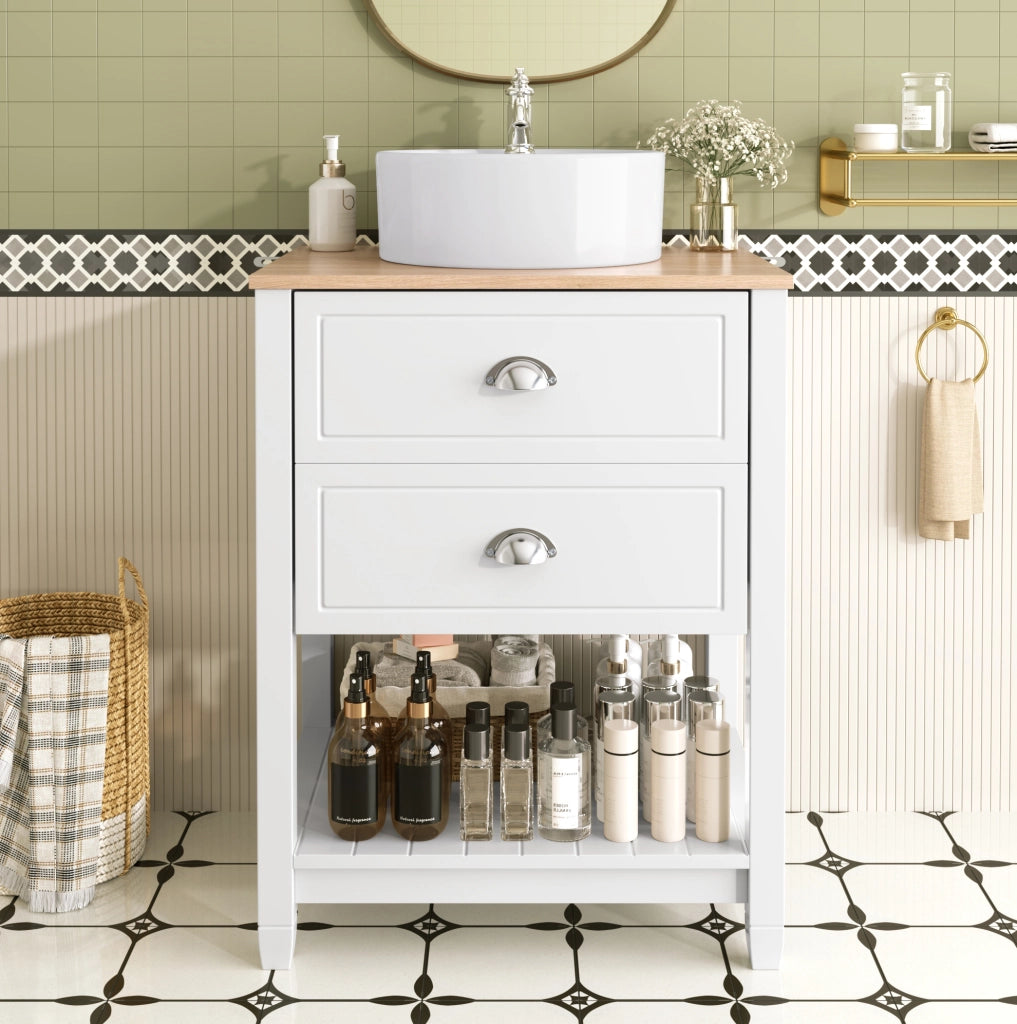 Mobile bagno freestanding con lavandino in ceramica rotondo; 60x45x91 cm; bianco e naturale