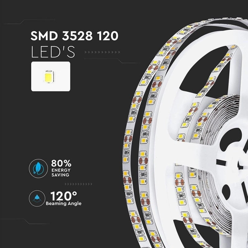 V-TAC VT-3528 120-IP20 Strisce Strip LED SMD3528 7,2W/mt 5mt 120 LED/mt 12V 6400K IP20 SKU 2002