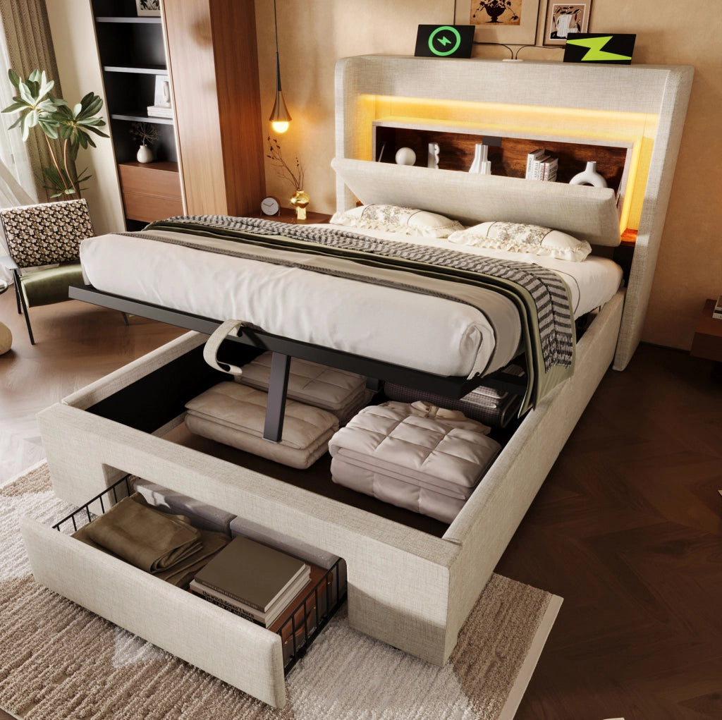 Letto singolo contenitore 90x200 cm in lino beige con LED; USB e USB-C HOMVRA