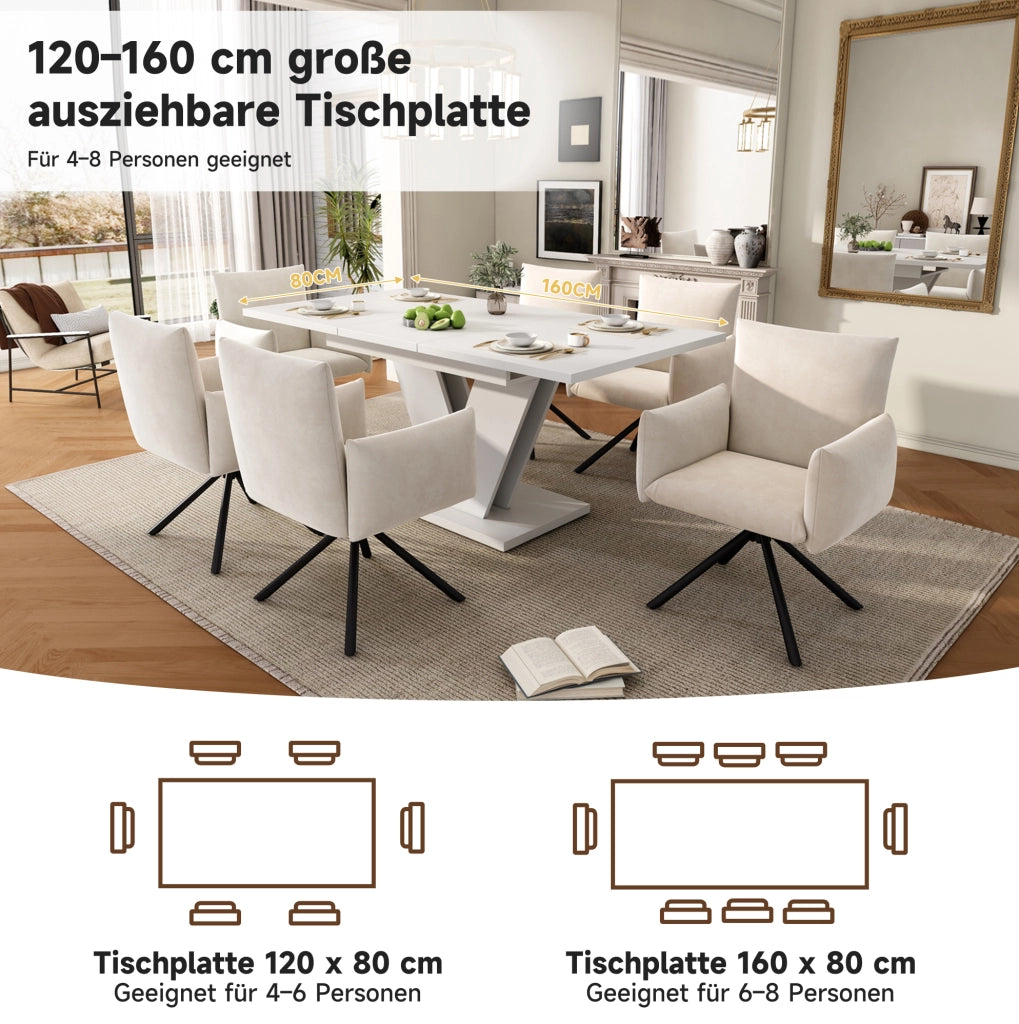 Tavolo da pranzo allungabile 120/160 x 80 cm; bianco; in MDF con gambe metalliche a V