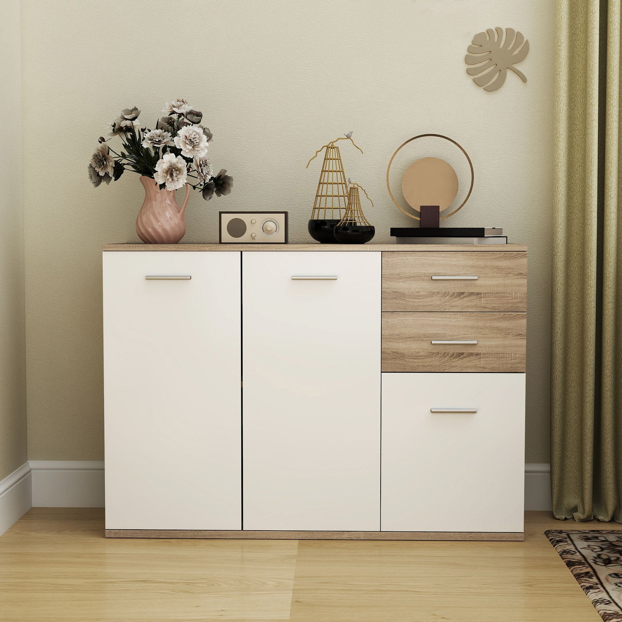 Credenza Moderna 106x35x76 cm con 3 Armadietti e 2 Cassetti color Legno