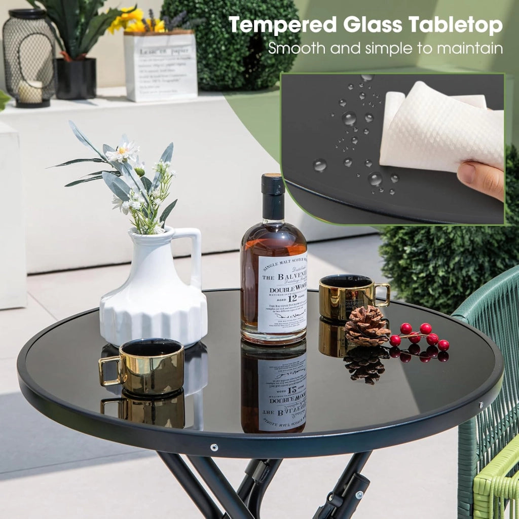 Tavolino Pieghevole, Tavolino Rotondo da Patio in Vetro Temperato con Struttura in Metallo, Non Richiede Montaggio, Tavolino da Appoggio Salvaspazio per Giardino, Piscina, Balcone, Nero