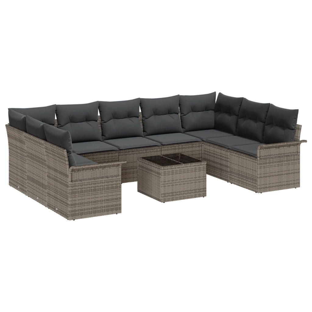 Set divano da giardino 9 pezzi con cuscini Grigio Polyrattan