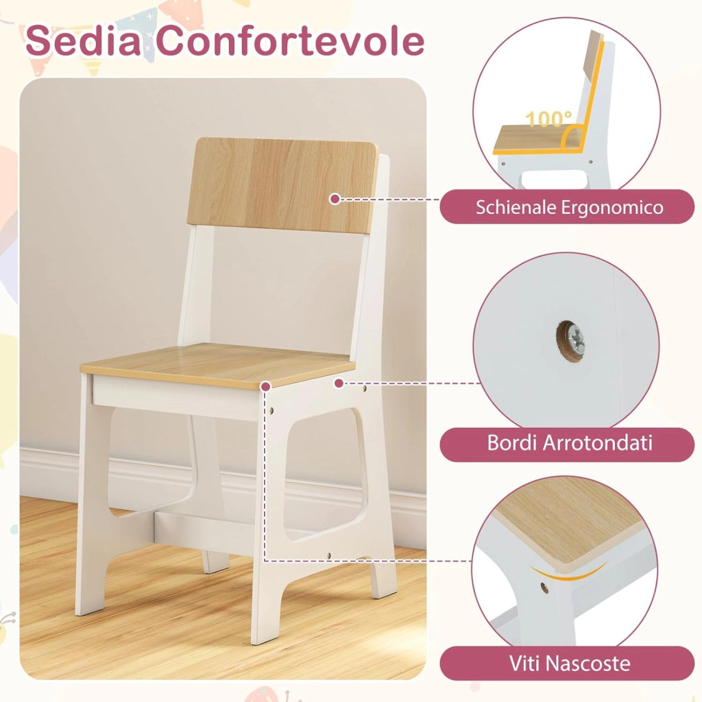 Set Scrivania e Sedia per Bambini 3+ Anni, Tavolo da Scrittura in Legno con Mensole, Cassetto e Bacheca in Sughero, Tavolo e Sedia per Disegno e Studio (Naturale)