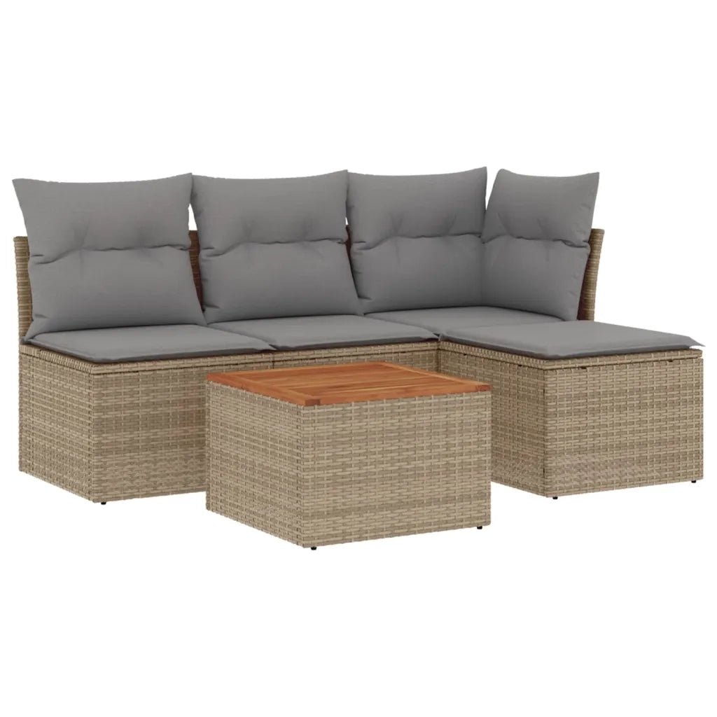 Set Divano da Giardino 5 pz | Set Salotto da Giardino con Cuscini Beige in Polyrattan