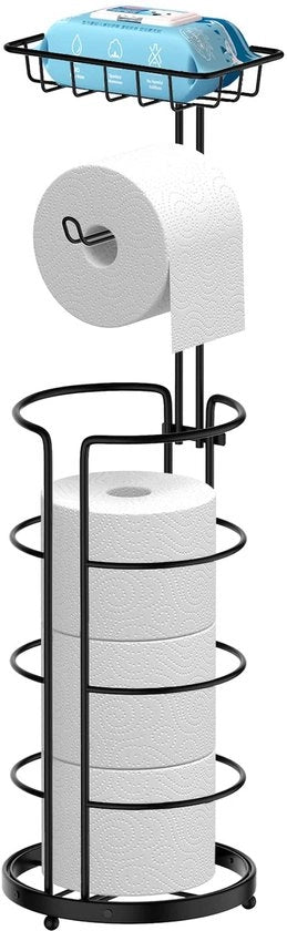 Toiletrolhouder indipendente – Toiletrolhouder senza forare – Papierrolhouder metallico moderno – Toiletrolhouder con piastra per rulli giganti/telefono cellulare (nero)