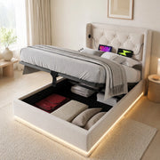 Letto singolo imbottito 90x200 cm con contenitore, testiera con porte USB Tipo-C e LED a 3 lati, beige