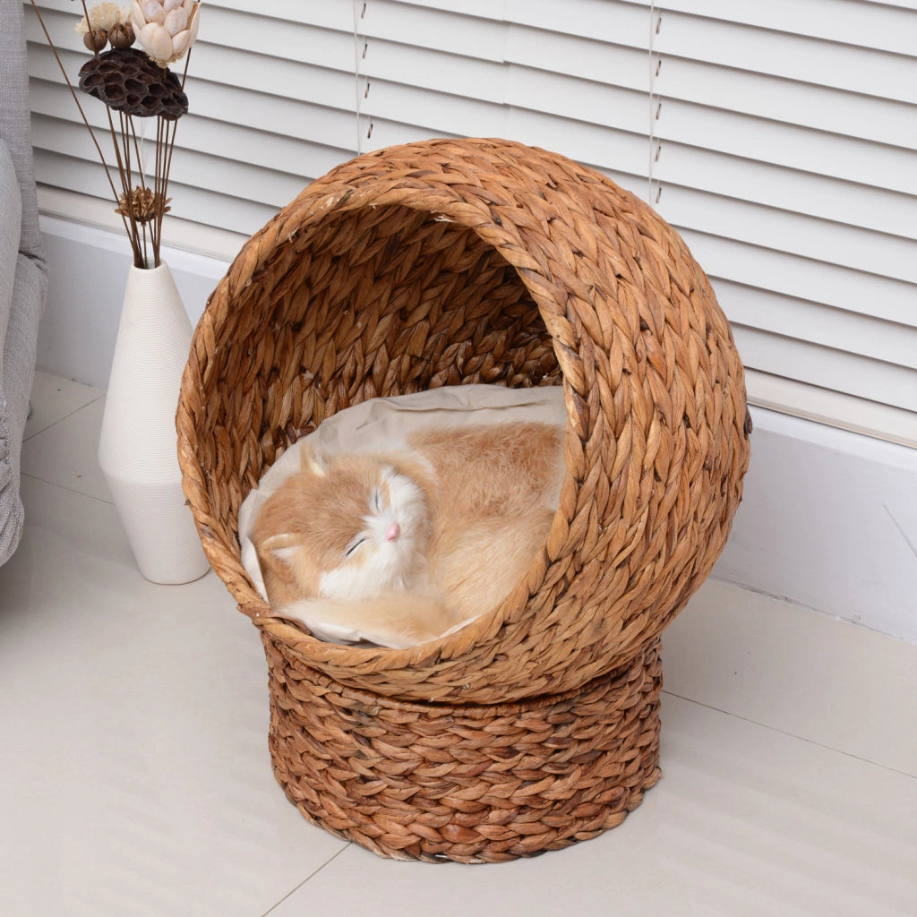 EasyComfort Cuccia Rialzata per Gatti in Vimini, con Cuscino in Cotone, Marrone e Bianco, 40x37x51 cm