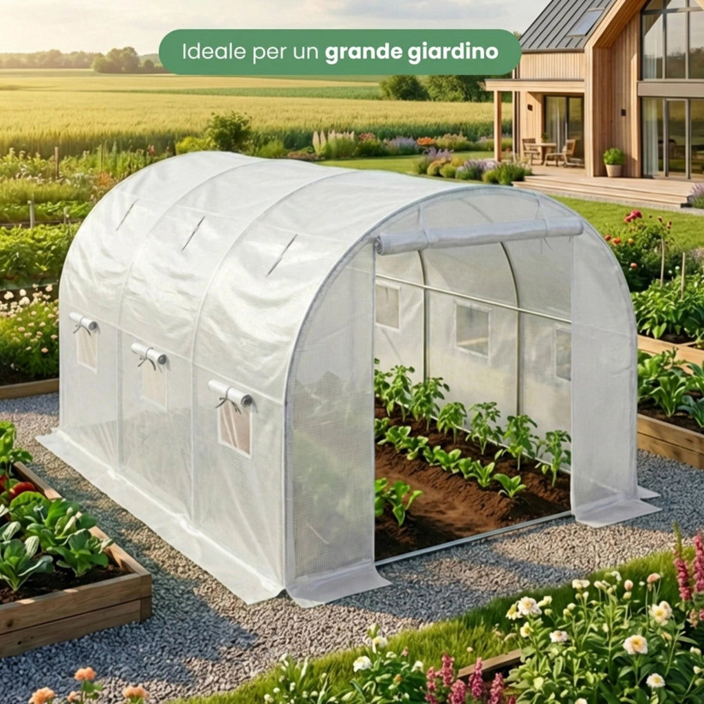 Serra da giardino a tunnel con struttura in metallo e telo in PE con pareti arrotolabili 1 porta 6 finestre Bianca 200x300x200 cm