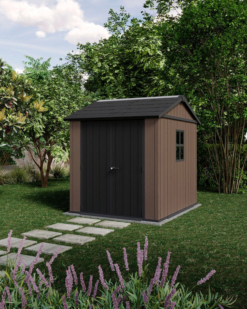 Casetta Box da Giardino 230x223,8x246 cm Newton Plus 757/775 Doppia Opzione Montaggio in Resina Evotech+ Marrone