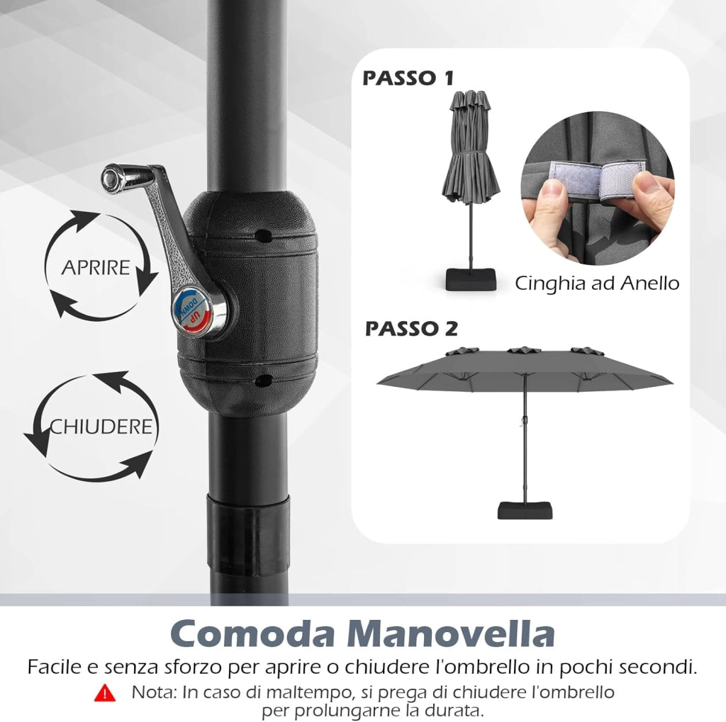 Ombrellone Doppio da Giardino 443 x 263 cm, Ombrello Rettangolare con Sistema a Manovella, Ombrellone da Giardino con Base e 12 Costole, per Sabbia, Cortile (Grigio)