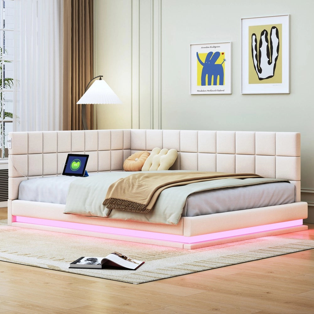 Letto Imbottito Matrimoniale con LED e USB ¨C MINIMAL ¨C Lino Beige 140x200 con Rete a Doghe