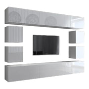 Set di mobili da soggiorno bianchi sospesi collezione CEPTO XVII 249cm, 10 pezzi, con LED, modulari.