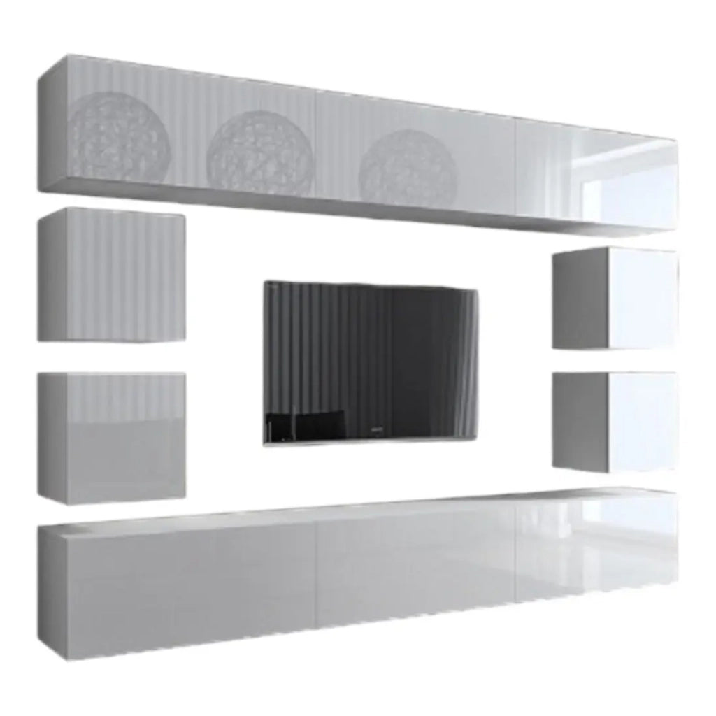 Set di mobili da soggiorno bianchi sospesi collezione CEPTO XVII 249cm, 10 pezzi, con LED, modulari.