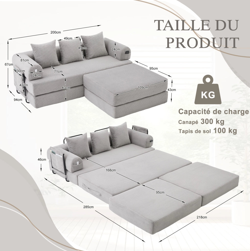 Divano modulare 200x190x67 cm in velluto a coste grigio chiaro con pouf –
