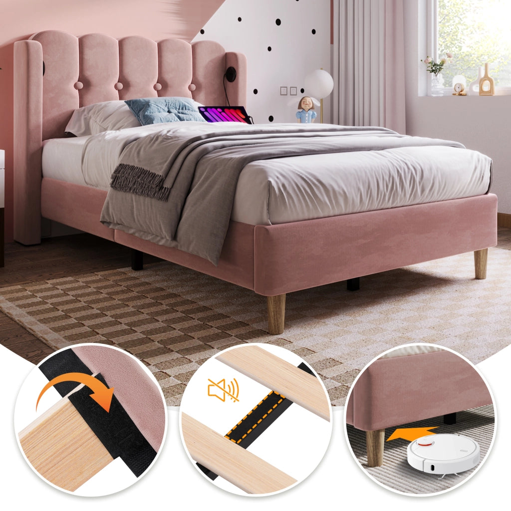 OKWISH Letto Singolo 90×200 cm con Porte USB, Tipo C e Testiera, senza Materasso, in Velluto, Rosa