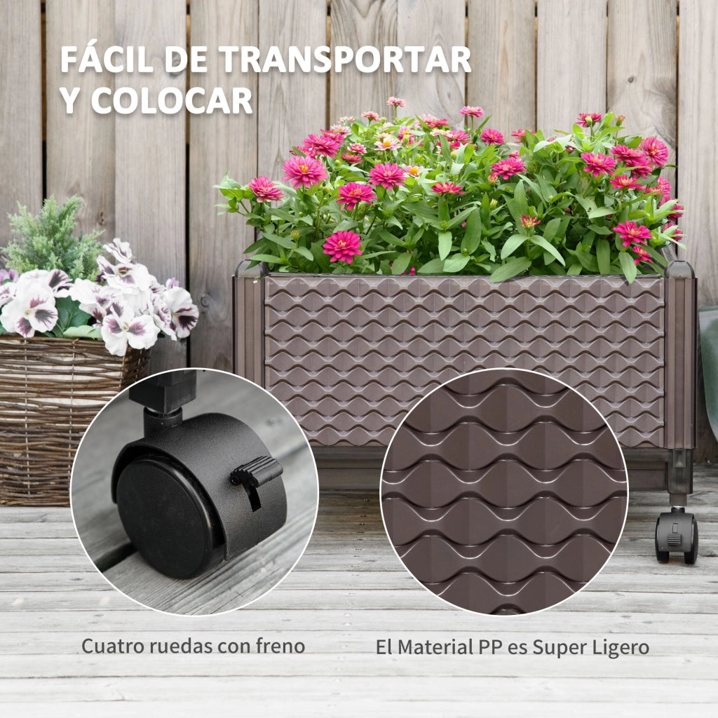 Vaso da Giardino in Plastica con Ruote e Fori di Drenaggio ¨C Zephmum ¨C 50x50x33 cm Marrone
