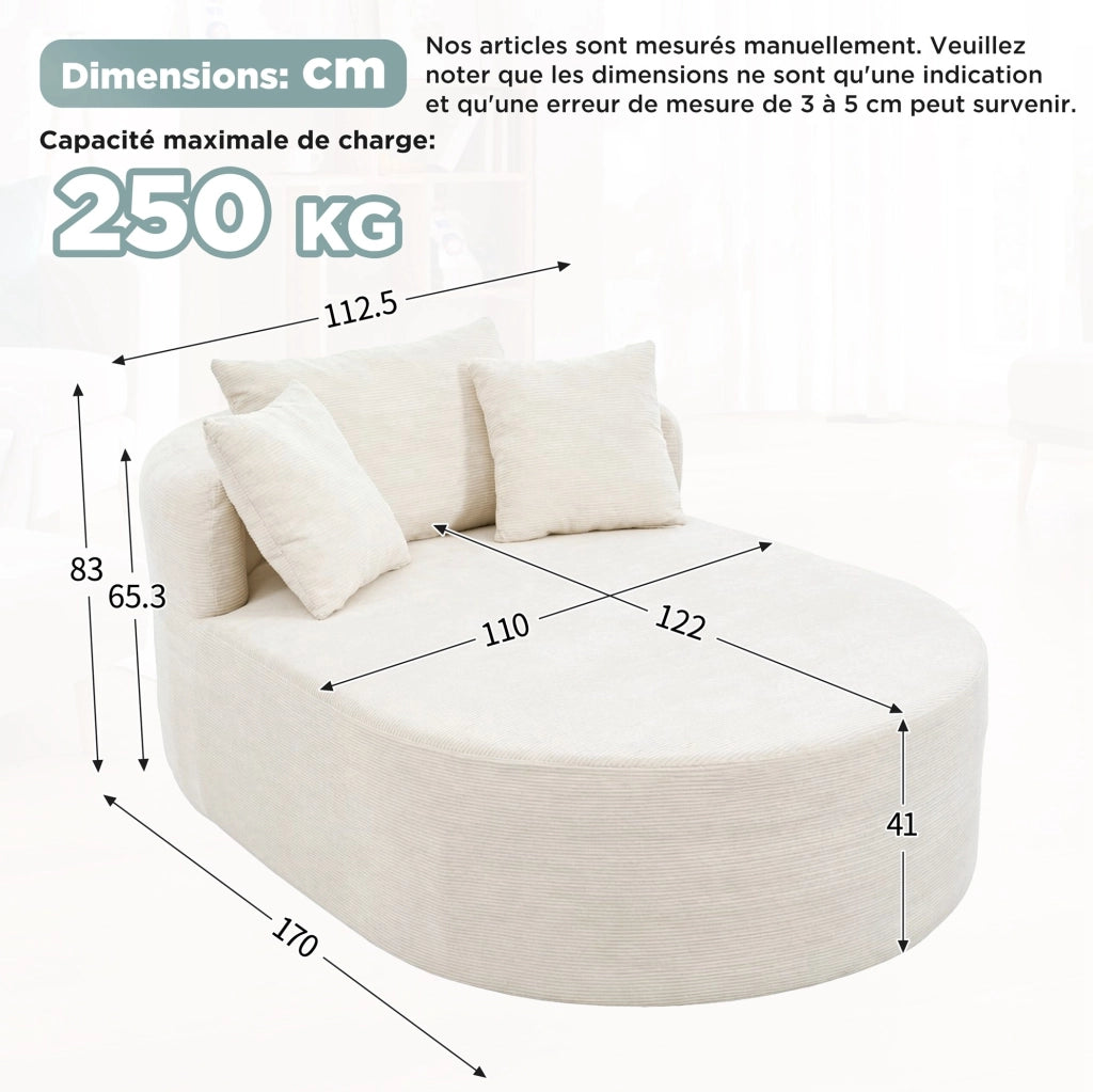 Poltrona relax ovale compatta in corduroy; 170 x 112;5 x 83 cm; beige chiaro