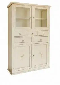 Credenza cristalliera in legno Shabby chic avorio anticato decorato a mano