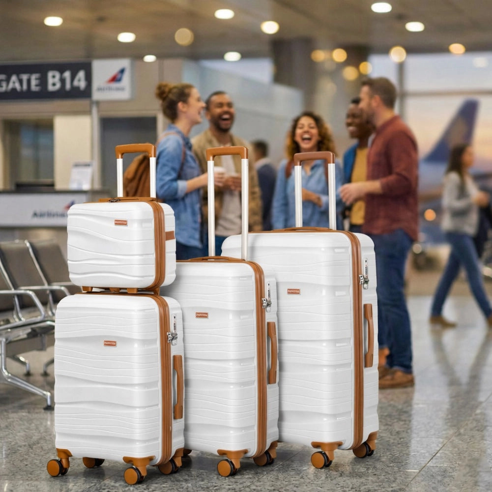 Set 4 Valigie Trolley da Viaggio con Beauty Rivestimento Rigido e Maniglia Telescopica in Polipropilene Bianco Perla