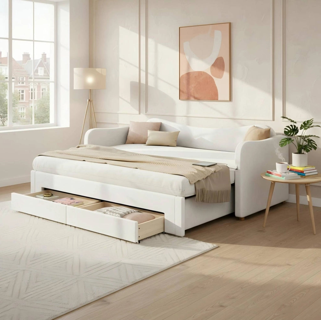 Letto singolo estraibile 90x200 cm in velluto beige con USB