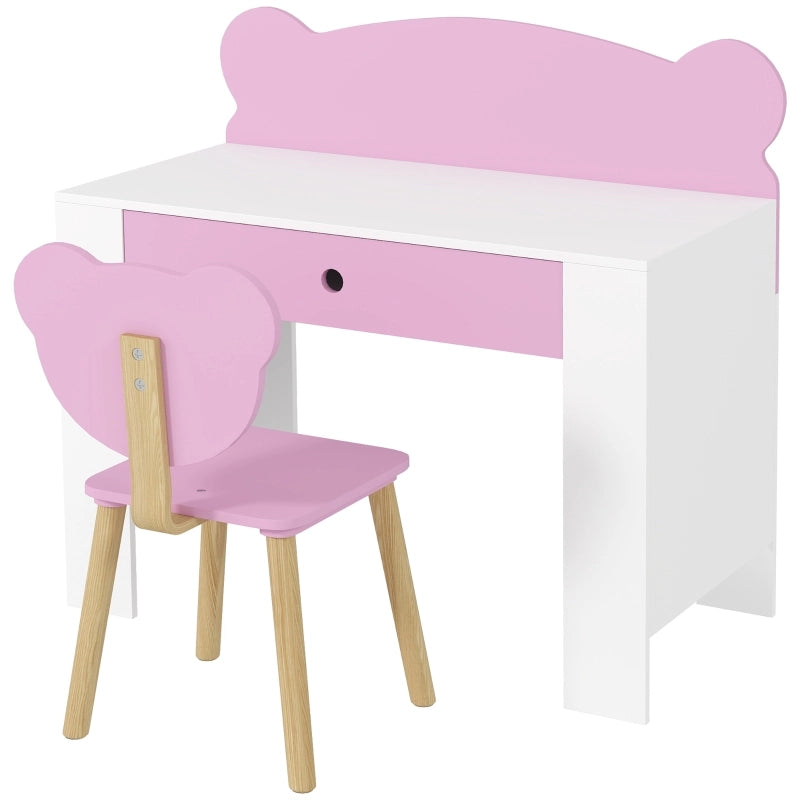 Set scrivania e sedia per bambini con cassetto e schienale a forma di orso, rosa