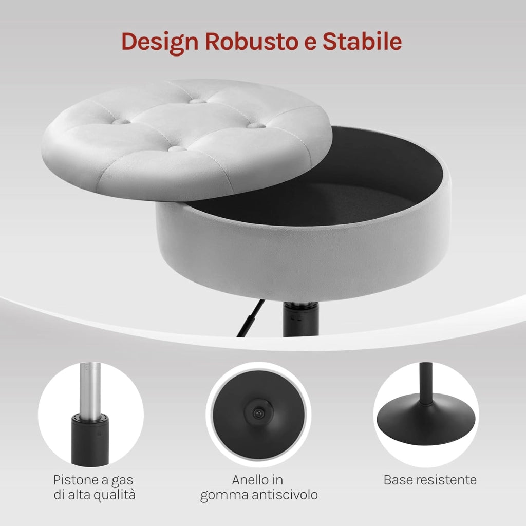 Sgabello da Trucco Girevole, Sgabello Altezza Regolabile, Sedia da Bar Rotondo con Contenitore, Sedile in Velluto, Base in Metallo, per Cucina, Soggiorno, Grigio Chiaro
