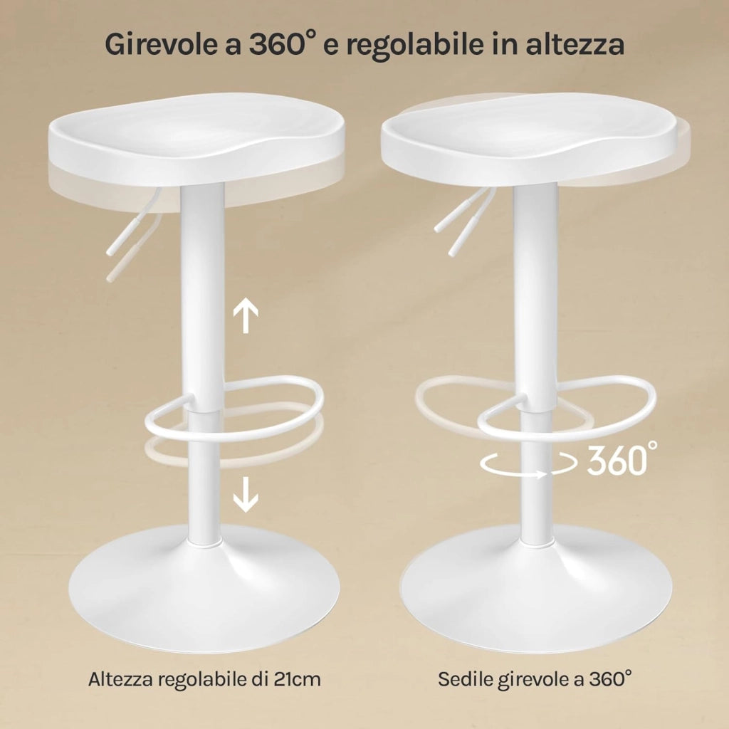 Sgabello da Cucina, Sgabello da Bar per Colazione in Legno Massiccio, Sgabello da Banco Regolabile in Altezza, Sgabello Girevole a 360° con Poggiapiedi, Bianco, BH413ws-1