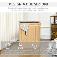 Cesto Portabiancheria da 90L Pieghevole con 2 Scomparti 54,2x35,2x59,5 cm in Bambù