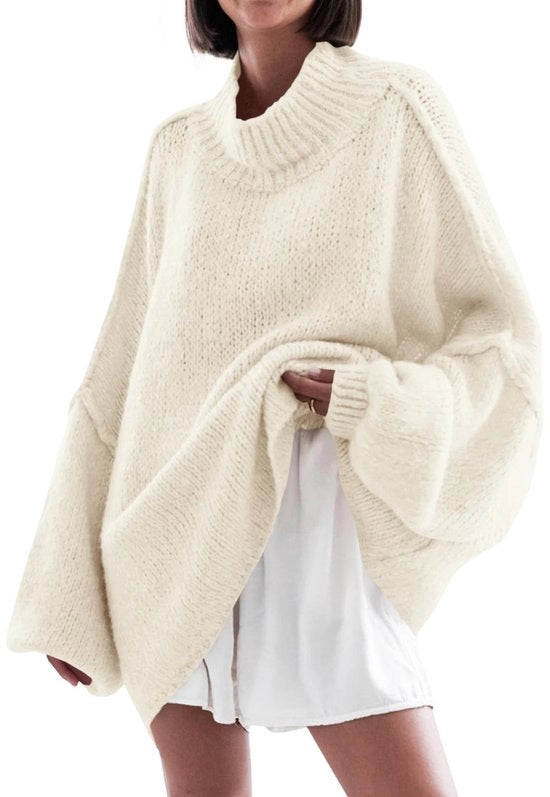 Maglione da donna oversized con maniche a volo di pipistrello - Collo alto - Camicia a coste - Stile informale - Materiale soffice e caldo - Maglione a girocollo