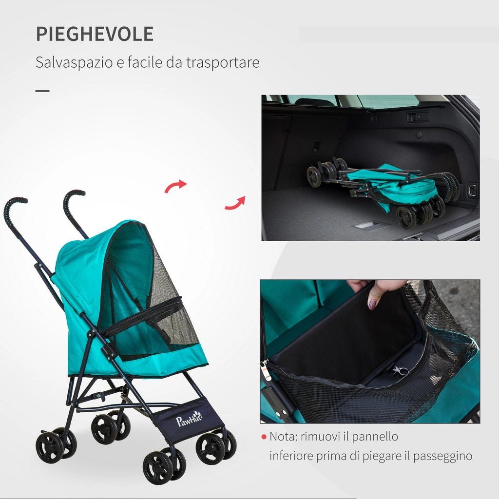PASSEGGINO PER CANI PICCOLI PIEGHEVOLE, RUOTE CON FRENO IN EVA E GUINZAGLIO DI SICUREZZA VERDE
