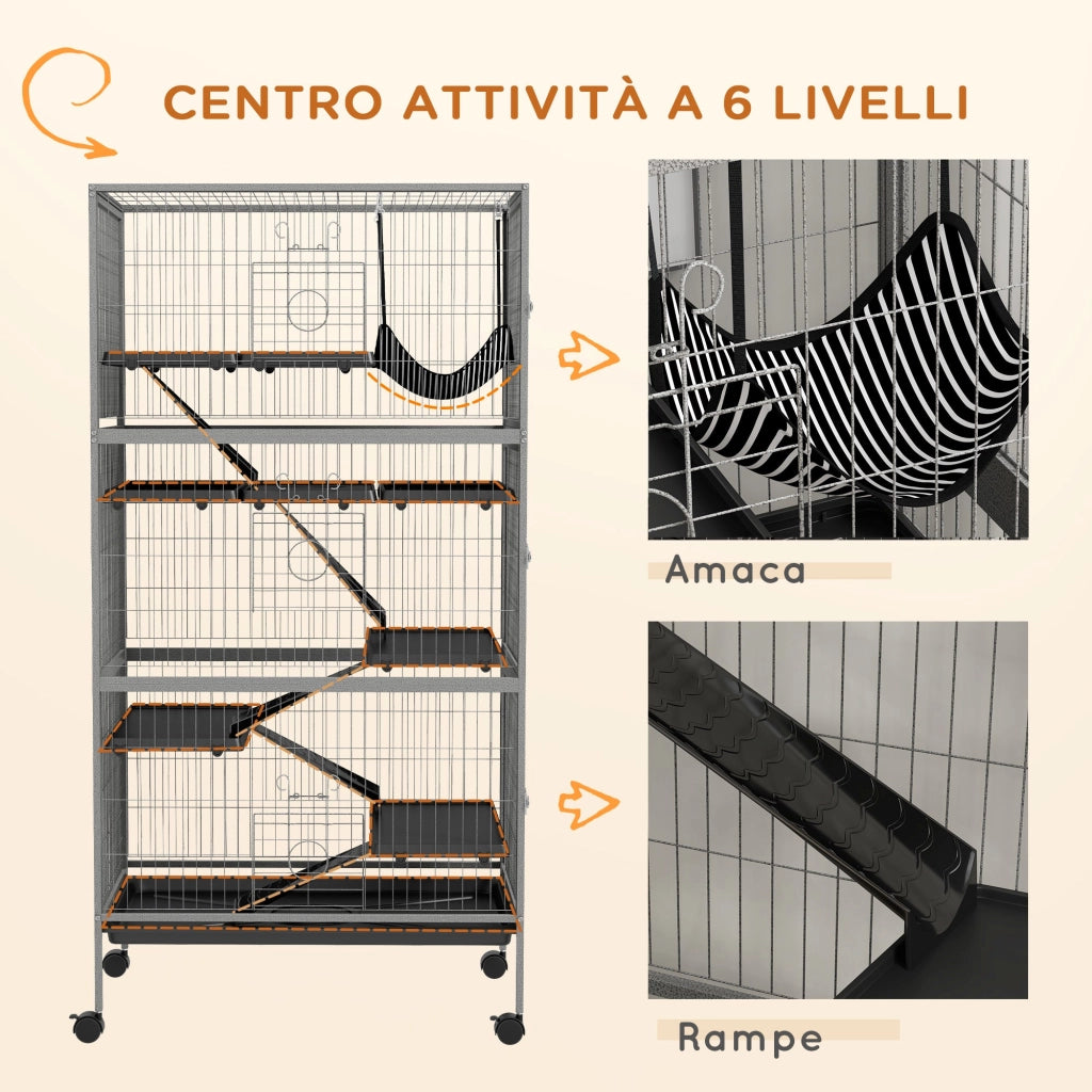 Gabbia per Conigli con 4 Ingressi a Livelli Multipli con Amaca 80x52x159 cm in Acciaio e PP Argento e Grigio