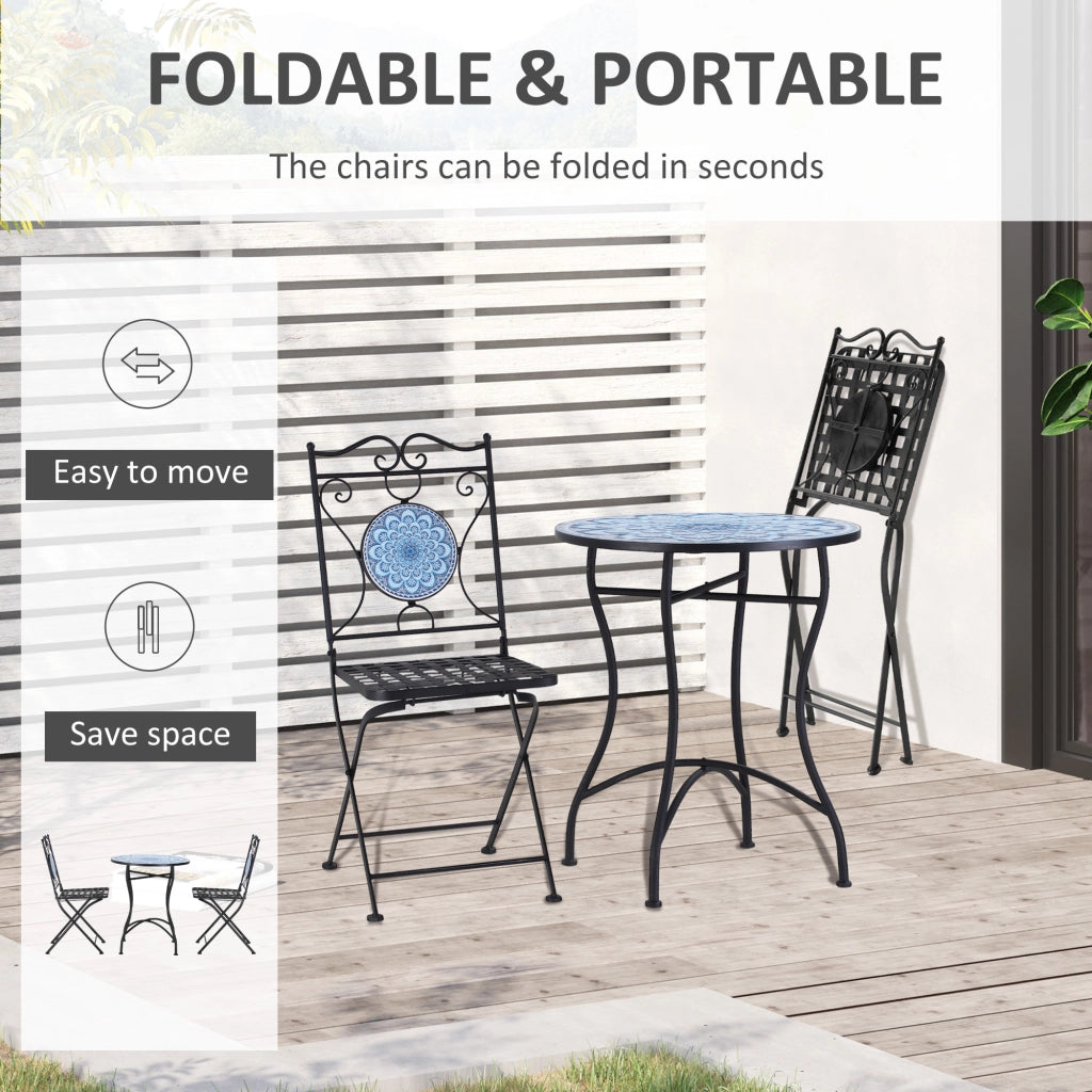 EasyComfort Set da Giardino 3 Pezzi, Tavolino e 2 Sedie Pieghevoli con Mosaico, Blu