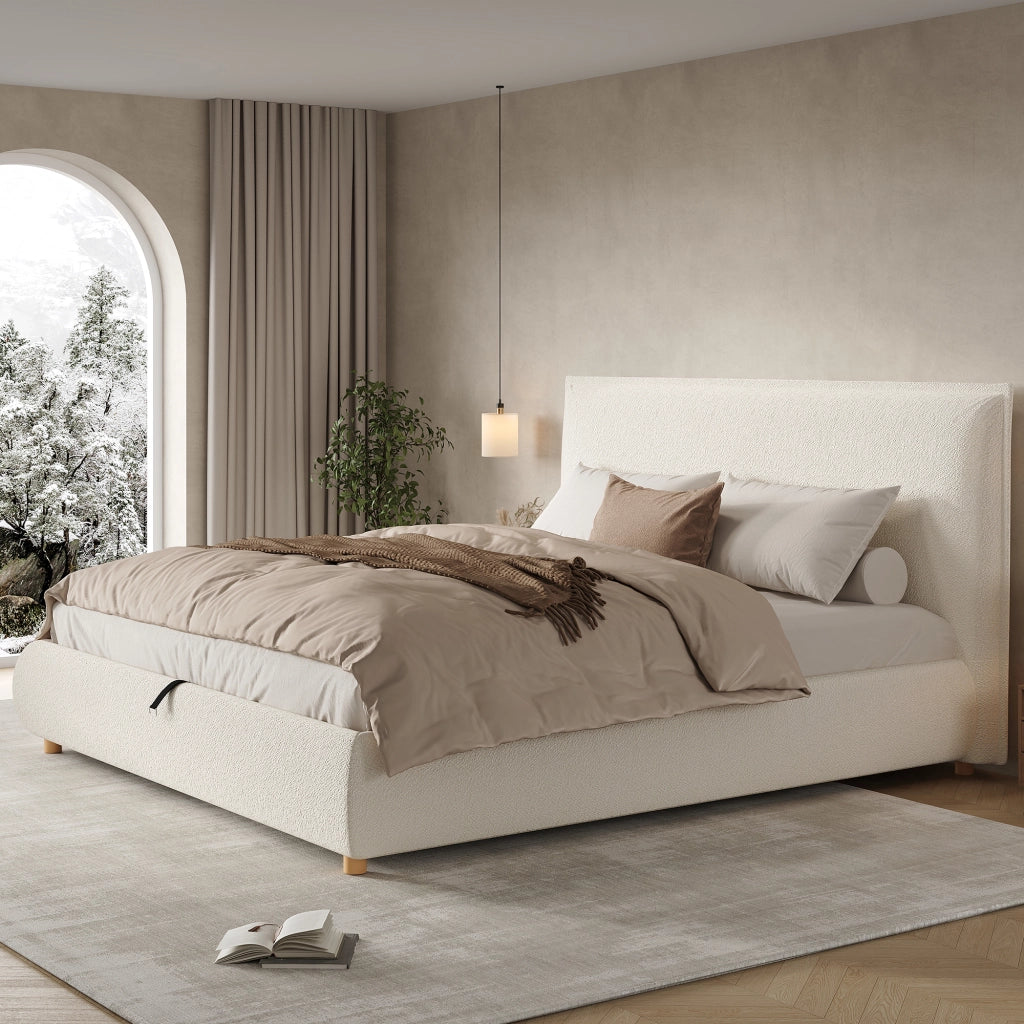 Letto Imbottito Matrimoniale Contenitore ¨C MINIMAL ¨C Idraulico, Testiera, Legno Massello, Bianco, 180x200