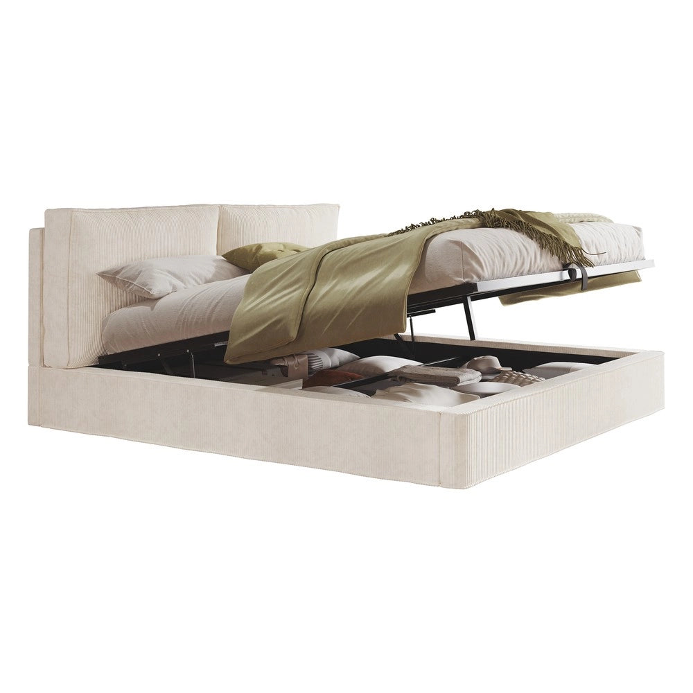 Letto Imbottito Matrimoniale Idraulico con Rete a Doghe e Testiera ¨C Xylo ¨C Beige, Tessuto a Coste, 180x200