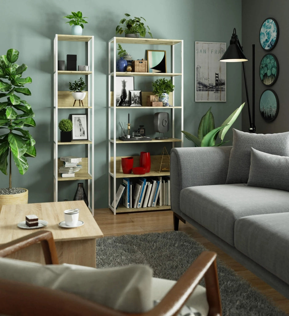 Scaffale stilo loft con ripiani in legno 80 cm Bianca 80 cm inserto frontale Quercia Artisan 80x32x192 cm