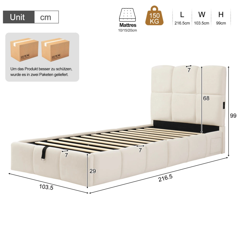 Letto singolo imbottito con contenitore, testiera USB e rete a doghe 90x200 cm