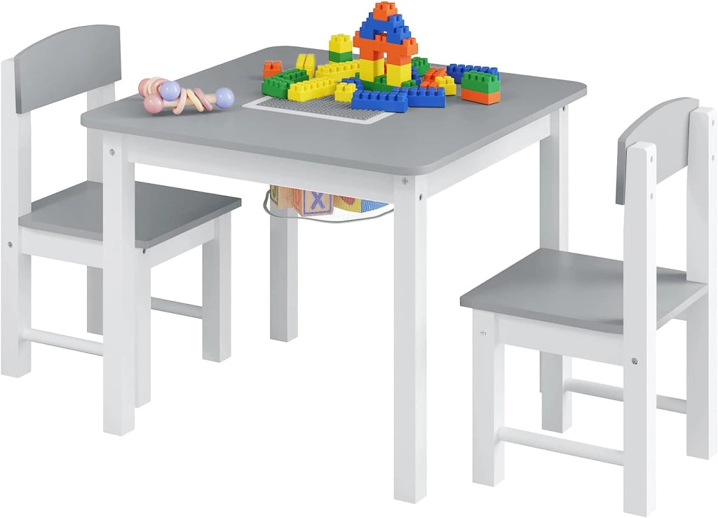 WOLTU Tavolo e Sedie per Bambini, Tavolino per Bambini con 2 Sedie, Scrivania per Bambini, con Base per Blocchi Reversibile e Tasca a Rete, per Cameretta, in MDF, Bianco e Grigio