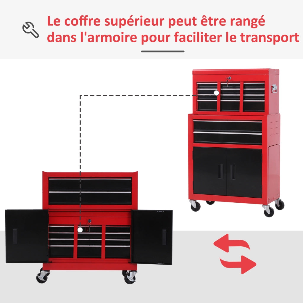 Carrello per attrezzi con cassettiera e cassone mobile ¨C Zephmum ¨C Acciaio rosso e nero