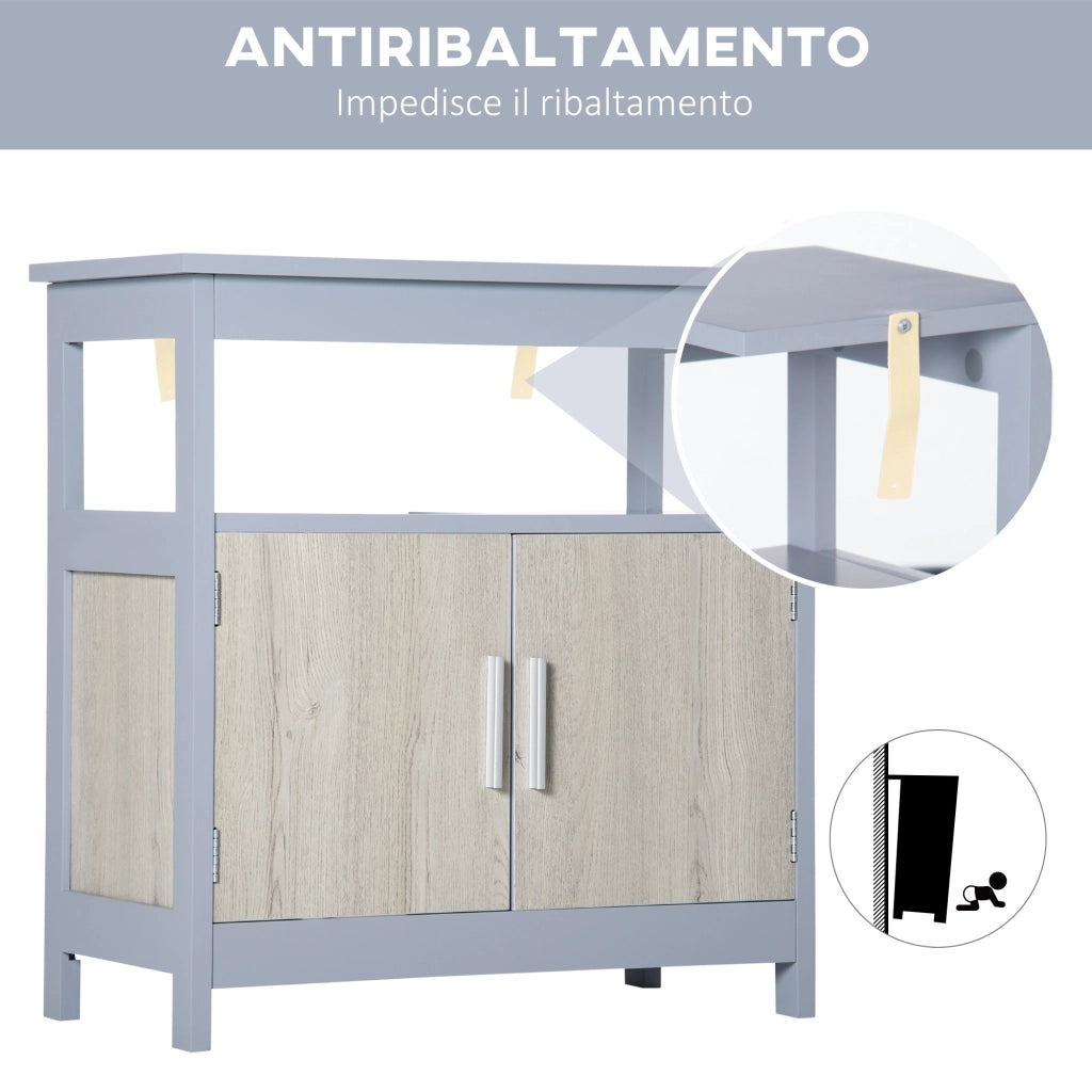 Easycomfort Mobile Sottolavabo Bagno con Armadietto e Ripiano Aperto, 60x30x62cm, Grigio e Legno Naturale