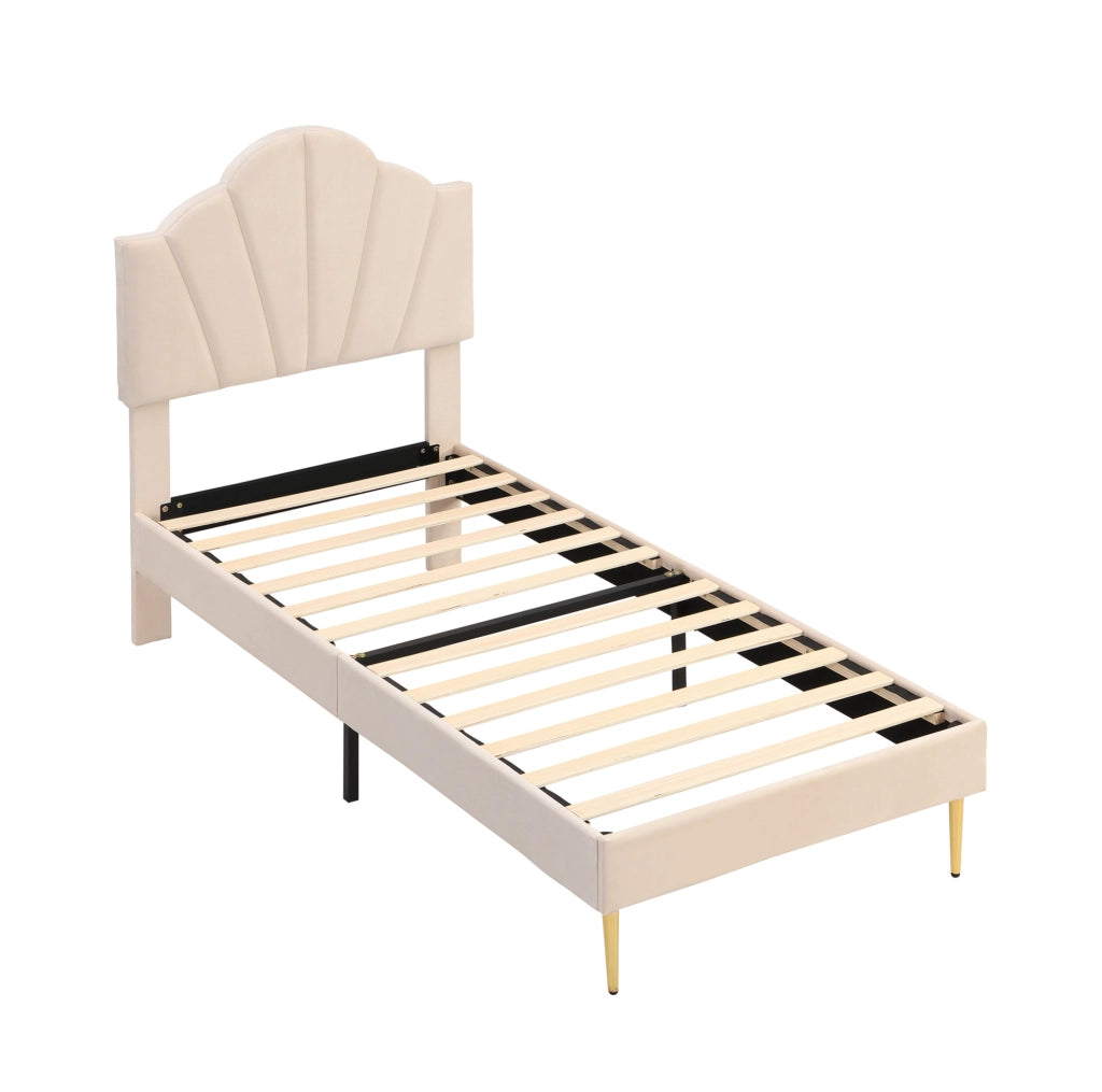 Letto imbottito 90x200 cm; testiera regolabile; velluto beige (Senza materasso)
