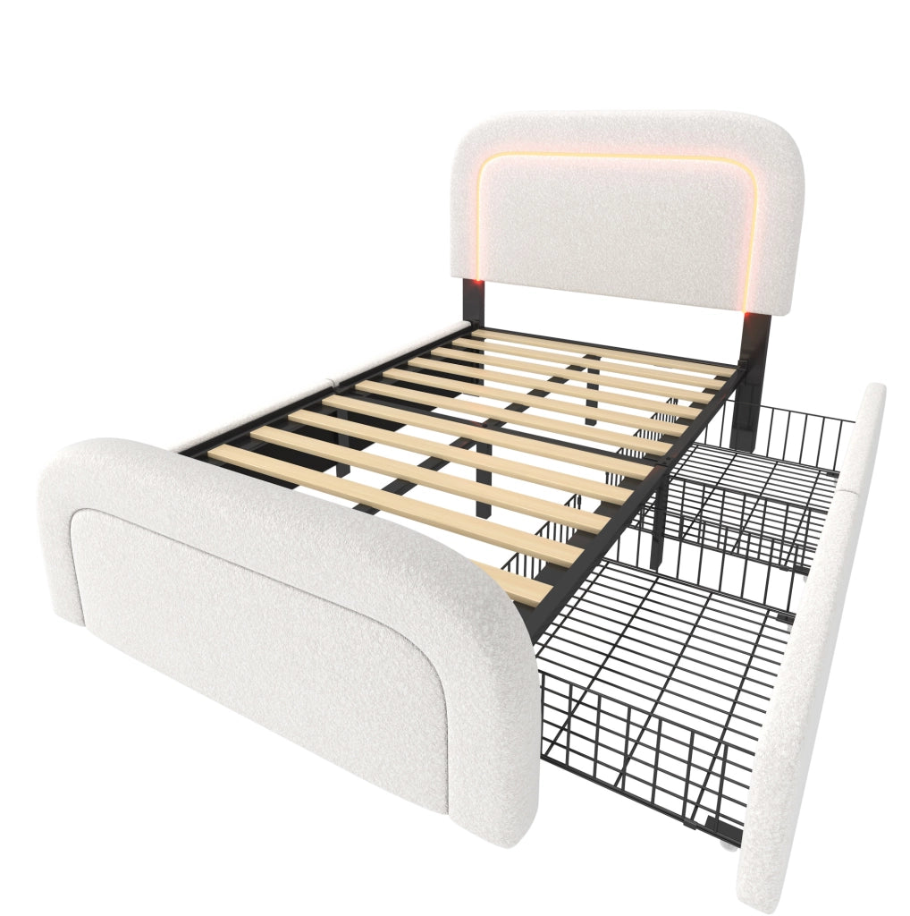 Letto singolo 90x200 cm con LED; USB C e 2 cassetti; tessuto sherpa bianco