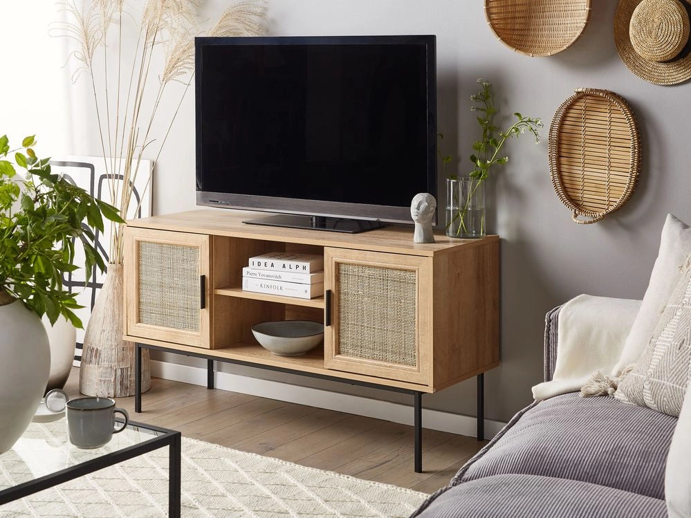 Mobile TV a 2 Ante in Rattan e Gambe in Metallo 120 x 63 cm Legno Chiaro