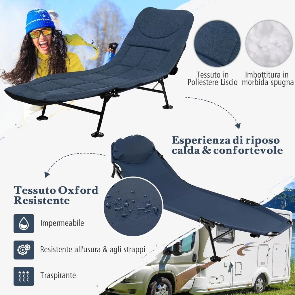 Brandina da Campeggio Pieghevole con Materasso Rimovibile, Poggiatesta, Schienale Regolabile in 6 Posizioni e Copripiedi Girevole a 360°, per Campeggio, Ufficio e Ospiti (Blu)