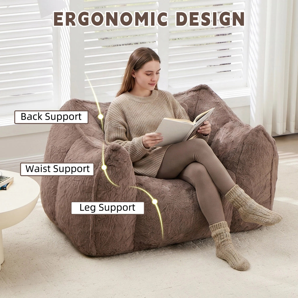 Fauteuil pouf in pelliccia sintetica con schienale ergonomico e imbottitura in schiuma, per salotto e camera da letto, khaki