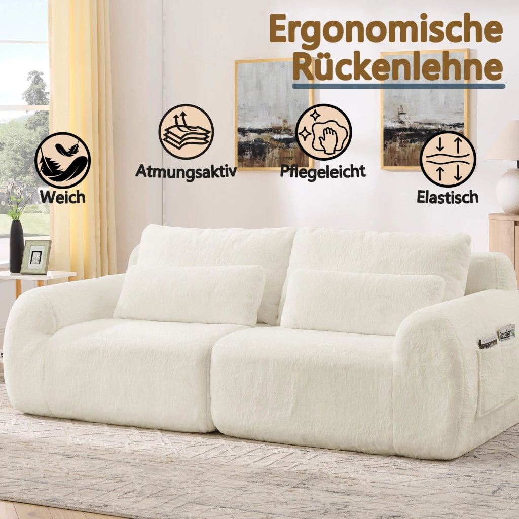 Divano a 2 posti con porte USB e tasca laterale in tessuto effetto pelliccia di coniglio per piccoli spazi beige