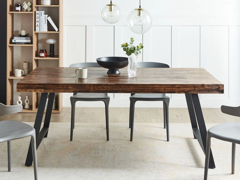 Tavolo da pranzo in legno di pino scuro MDF 180 x 90 cm Gambe stabili in metallo nero Sala da pranzo Soggiorno Stile industriale