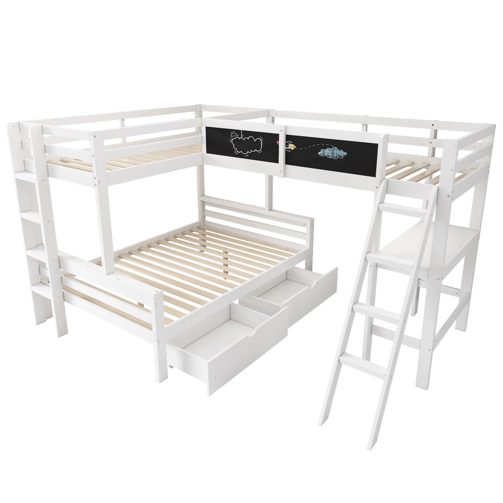 Letto a castello per bambini - Zephmum - 140x200cm e 90x200cm - Bianco - Con tre posti, cassetti, scrivania e scaffale